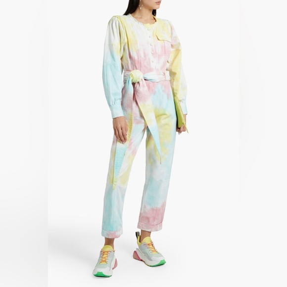 Loveshackfancy Paca Tie-dyed Belted Denim Jumpsuit In Multicolor - Picture 1 of 6